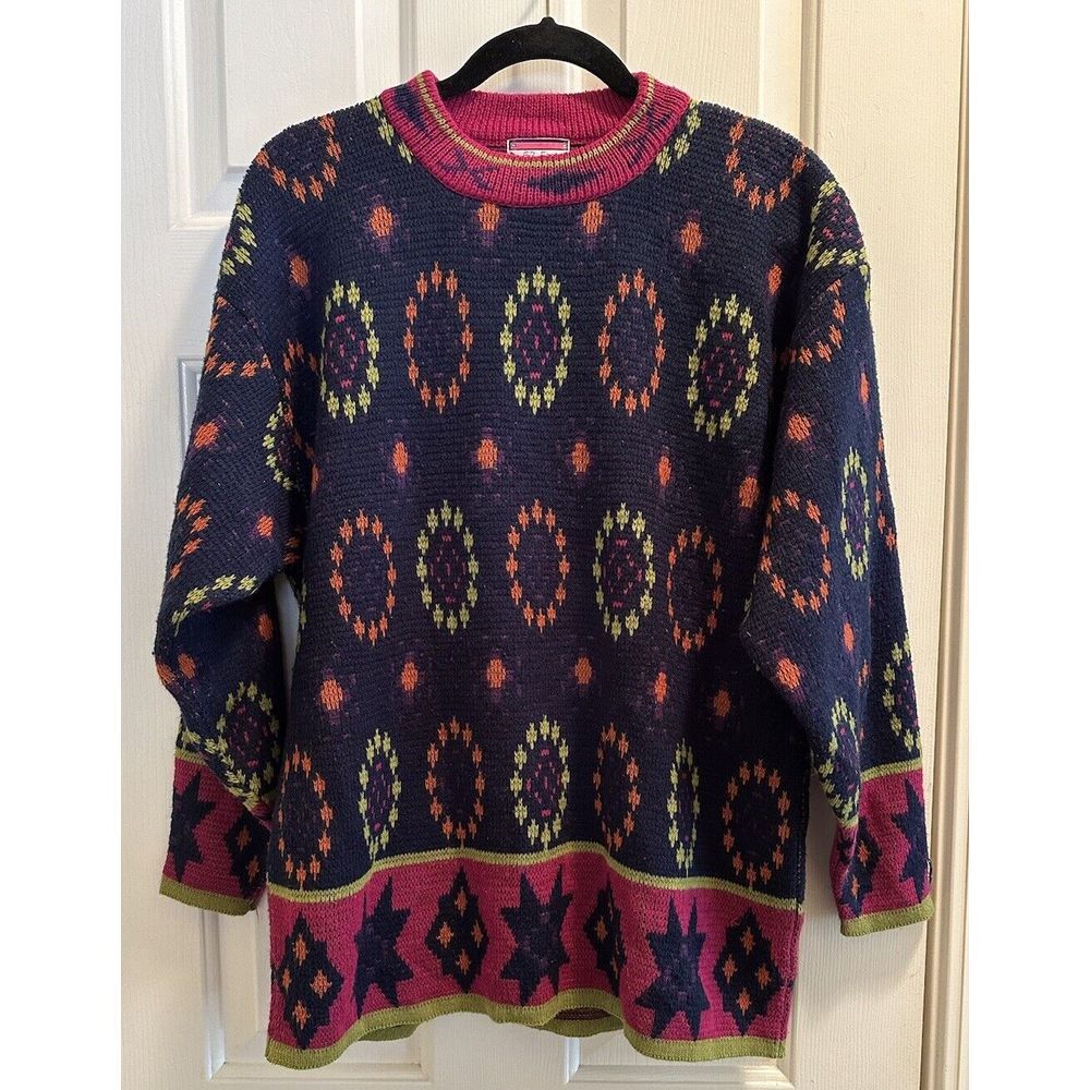 Vintage 62 East Blue Geometric‎ Design Sweater Mock Neck Size Medium